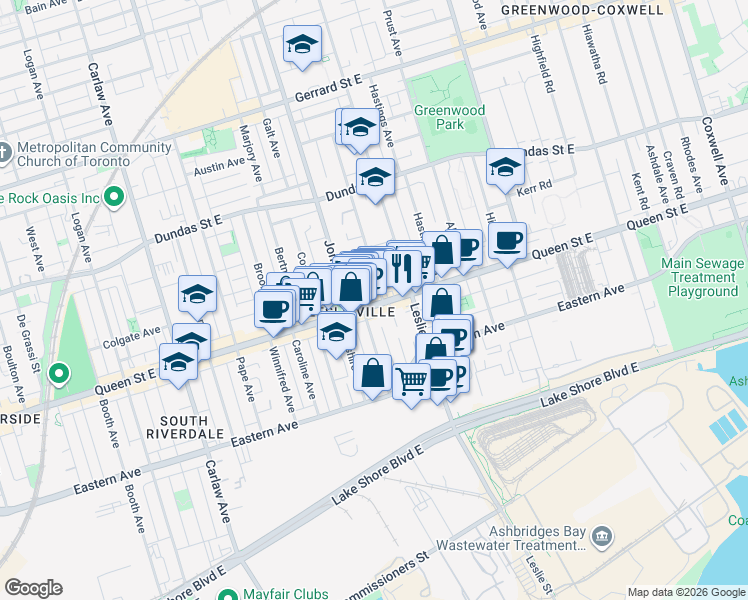 map of restaurants, bars, coffee shops, grocery stores, and more near in Toronto