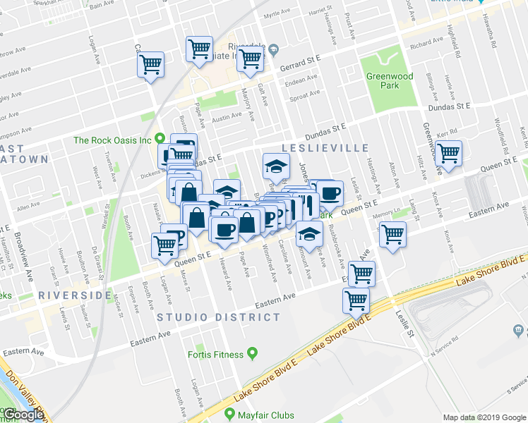 map of restaurants, bars, coffee shops, grocery stores, and more near 23 Brooklyn Avenue in Toronto