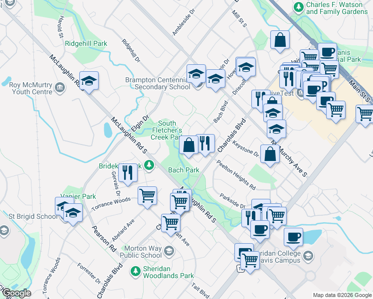 map of restaurants, bars, coffee shops, grocery stores, and more near 38 Chopin Crescent in Brampton