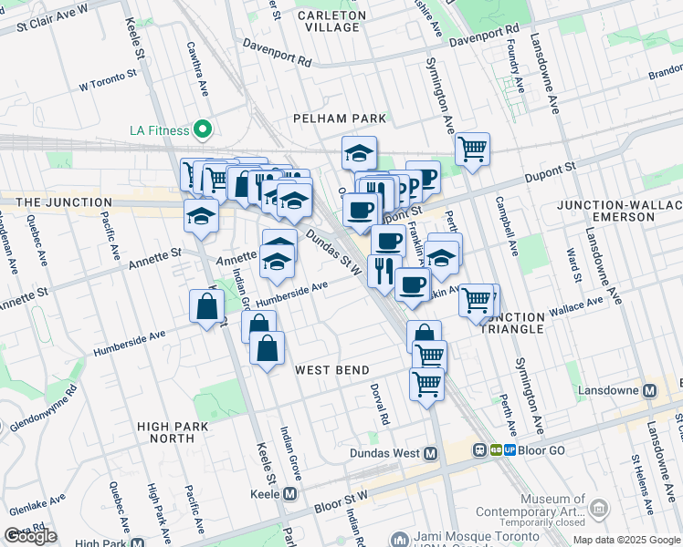 map of restaurants, bars, coffee shops, grocery stores, and more near 36 Humberside Avenue in Toronto