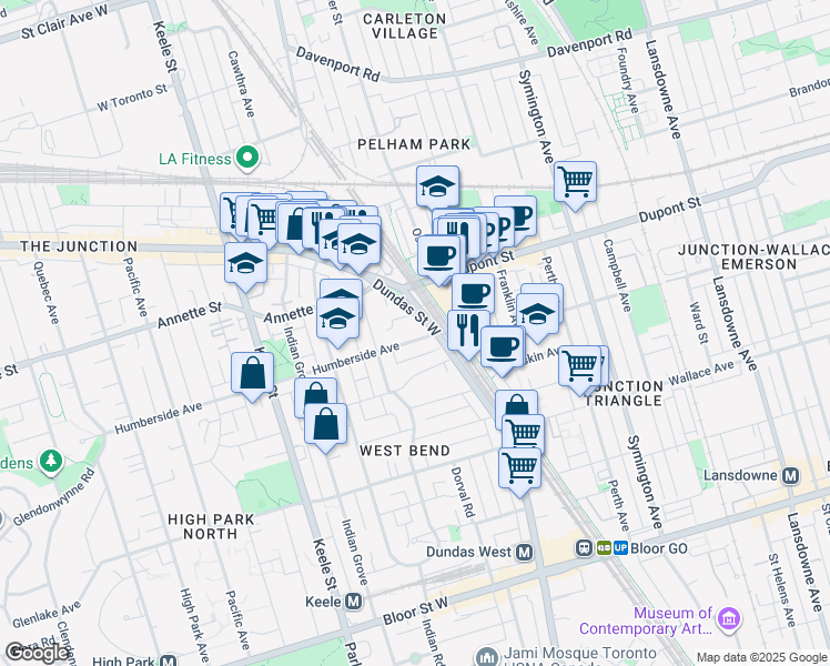 map of restaurants, bars, coffee shops, grocery stores, and more near 36 Humberside Avenue in Toronto