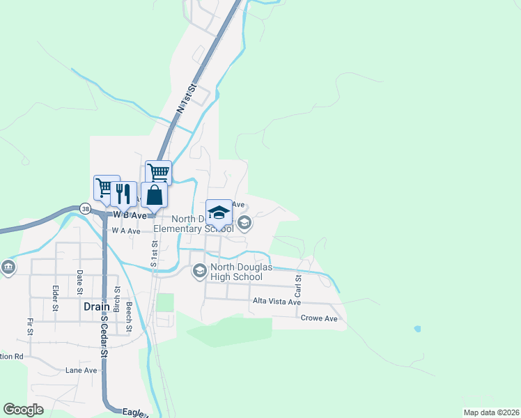 map of restaurants, bars, coffee shops, grocery stores, and more near 500 East B Avenue in Drain