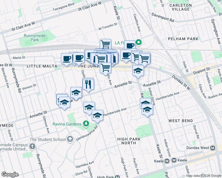 map of restaurants, bars, coffee shops, grocery stores, and more near in Toronto