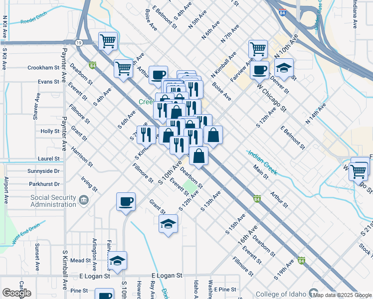 map of restaurants, bars, coffee shops, grocery stores, and more near 322 South 10th Avenue in Caldwell