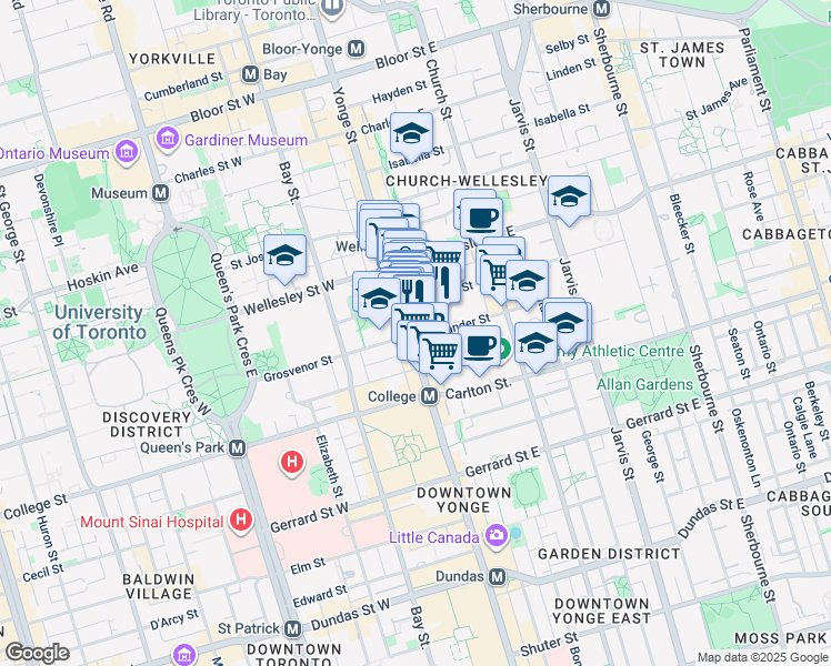 map of restaurants, bars, coffee shops, grocery stores, and more near 479 Yonge Street in Toronto