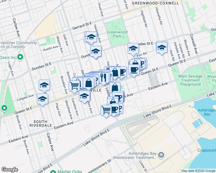map of restaurants, bars, coffee shops, grocery stores, and more near 1233 Queen Street East in Toronto