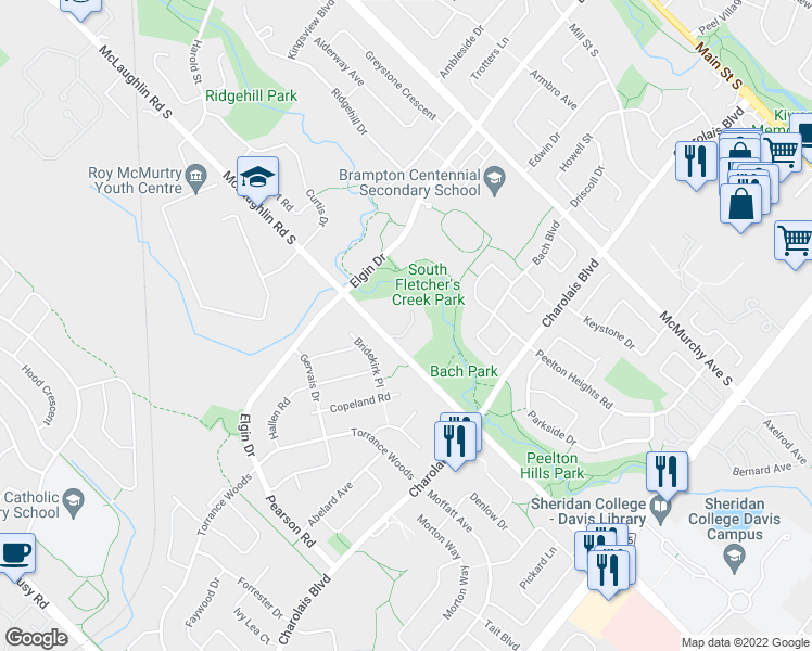map of restaurants, bars, coffee shops, grocery stores, and more near 8305 McLaughlin Road South in Brampton