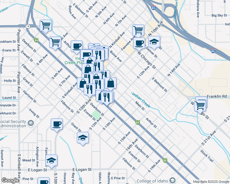 map of restaurants, bars, coffee shops, grocery stores, and more near 1023 Arthur Street in Caldwell