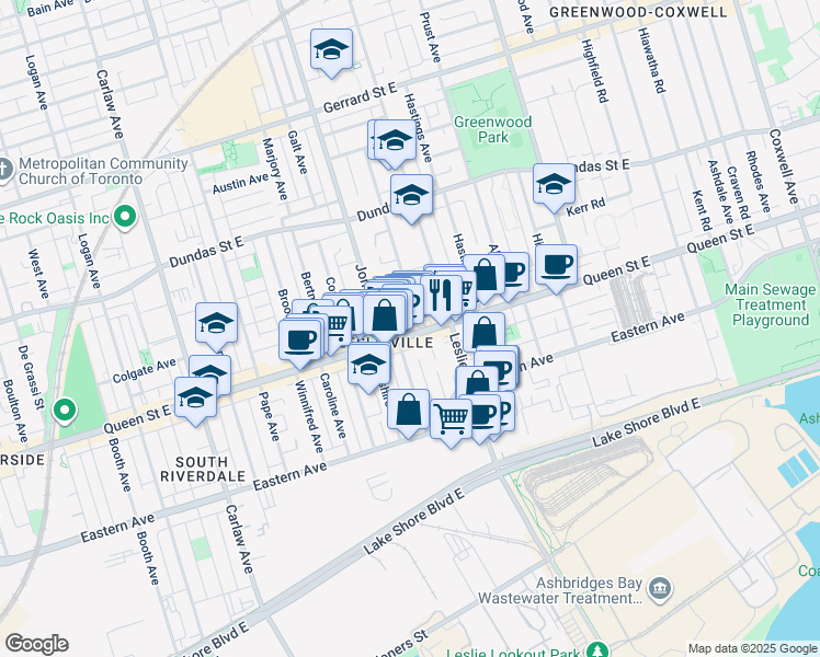 map of restaurants, bars, coffee shops, grocery stores, and more near in Toronto
