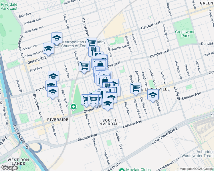 map of restaurants, bars, coffee shops, grocery stores, and more near 233 Carlaw Avenue in Toronto