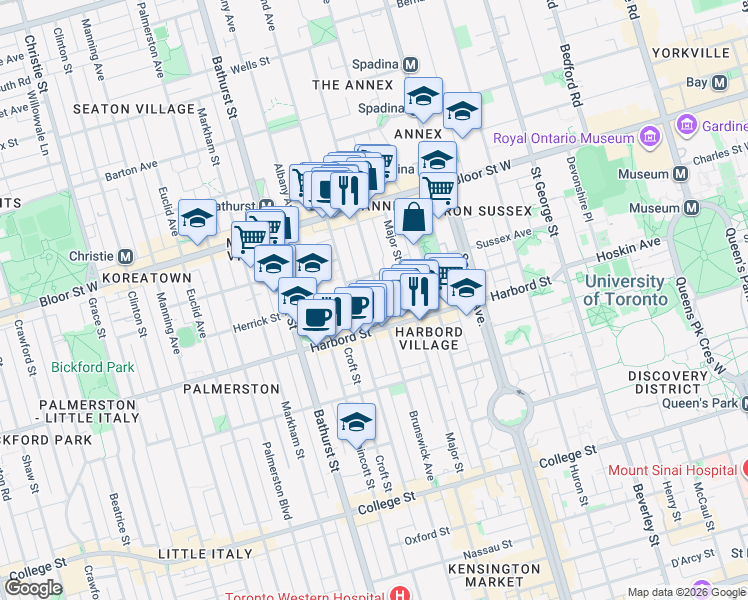 map of restaurants, bars, coffee shops, grocery stores, and more near in Toronto