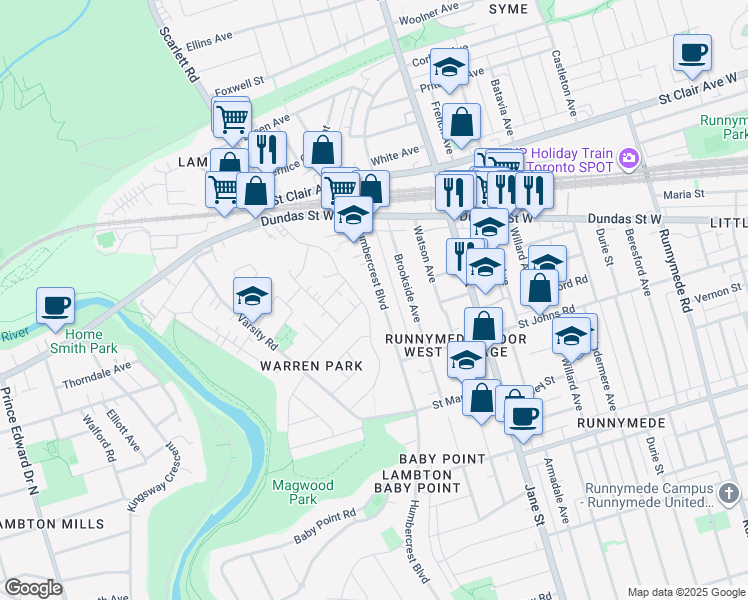 map of restaurants, bars, coffee shops, grocery stores, and more near 213 Humbercrest Boulevard in Toronto