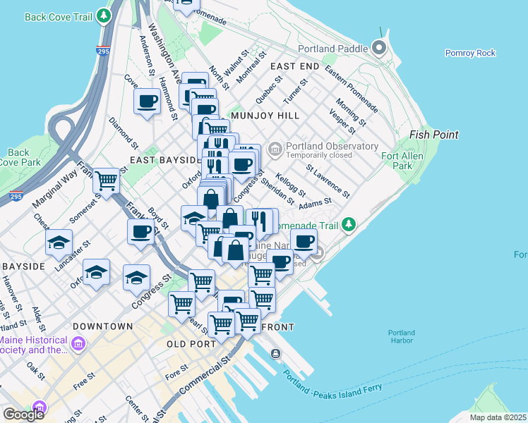 map of restaurants, bars, coffee shops, grocery stores, and more near 31 Mountfort Street in Portland