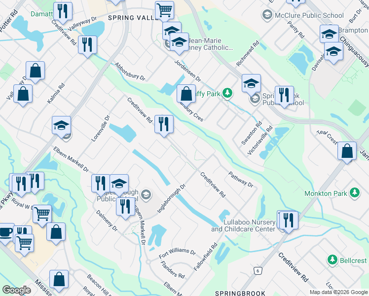 map of restaurants, bars, coffee shops, grocery stores, and more near 7 Merrittonia Street in Brampton
