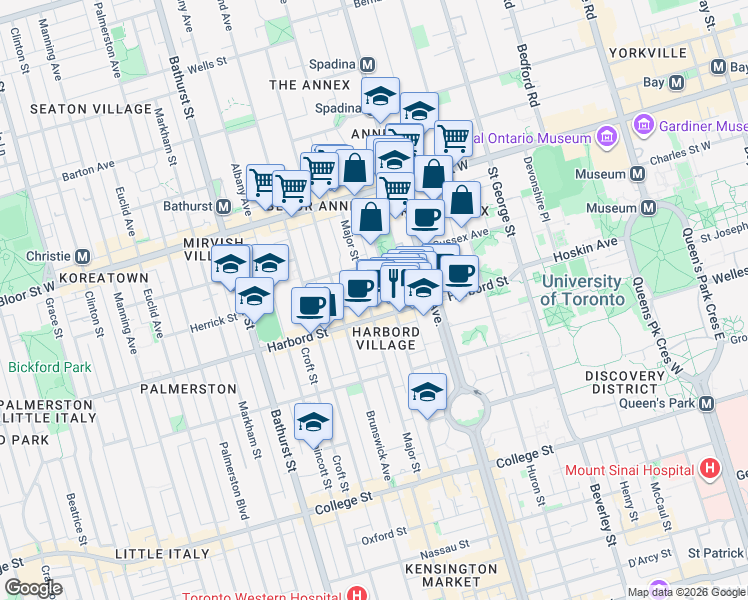 map of restaurants, bars, coffee shops, grocery stores, and more near in Toronto