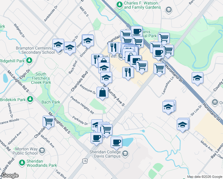 map of restaurants, bars, coffee shops, grocery stores, and more near 50 Sheldrake Court in Brampton