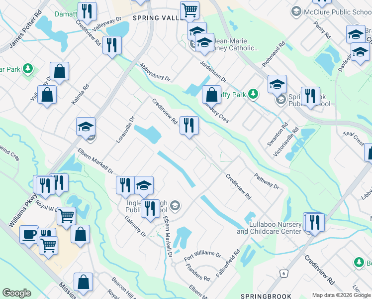 map of restaurants, bars, coffee shops, grocery stores, and more near 4 Jewelville Street in Brampton