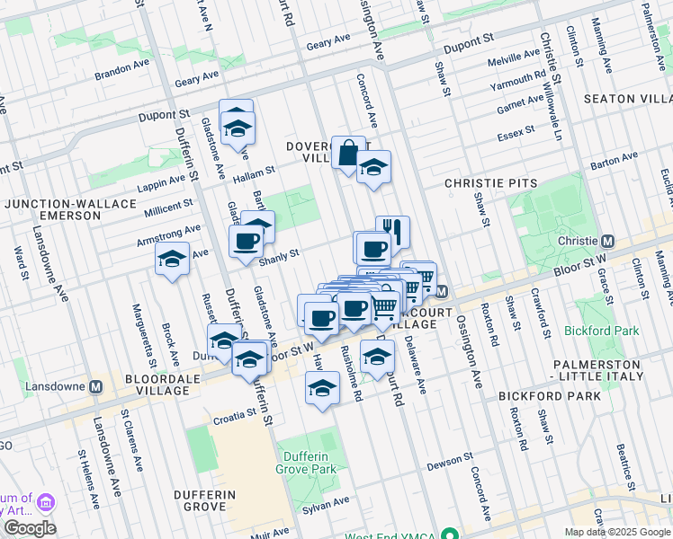 map of restaurants, bars, coffee shops, grocery stores, and more near 85 Westmoreland Ave in Toronto