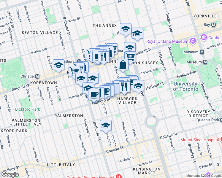 map of restaurants, bars, coffee shops, grocery stores, and more near 202 Brunswick Avenue in Toronto