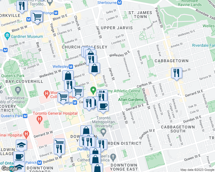 map of restaurants, bars, coffee shops, grocery stores, and more near 271 Mutual Street in Toronto