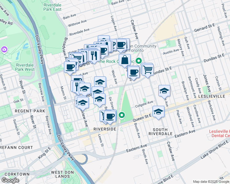 map of restaurants, bars, coffee shops, grocery stores, and more near 48 Cummings Street in Toronto