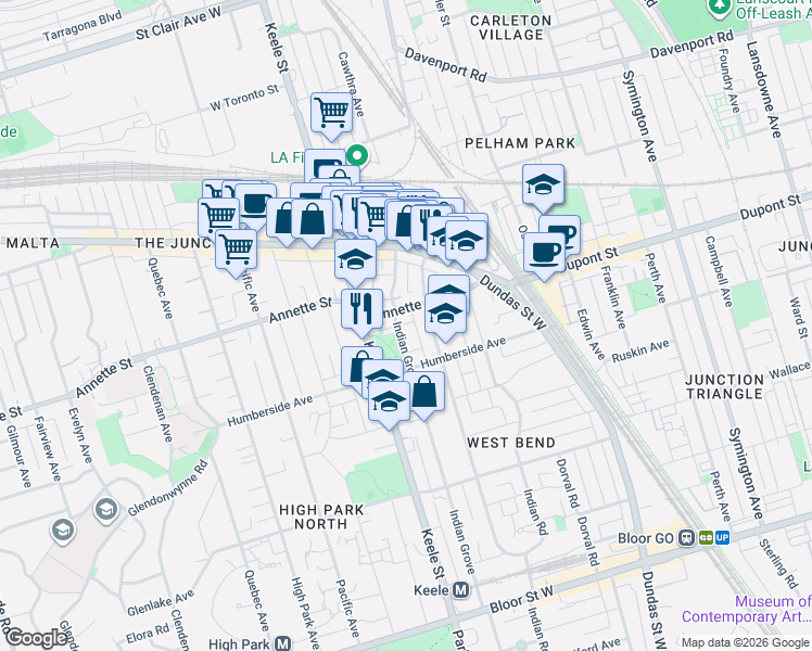 map of restaurants, bars, coffee shops, grocery stores, and more near 445 Indian Grove in Toronto