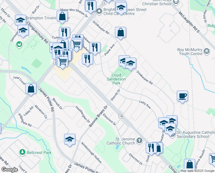 map of restaurants, bars, coffee shops, grocery stores, and more near 127 Lent Crescent in Brampton
