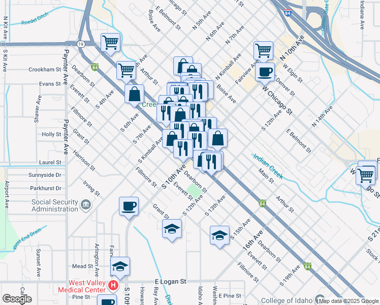 map of restaurants, bars, coffee shops, grocery stores, and more near 921 Cleveland Boulevard in Caldwell