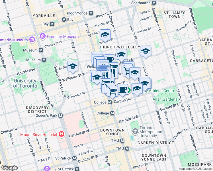 map of restaurants, bars, coffee shops, grocery stores, and more near 501 Yonge Street in Toronto