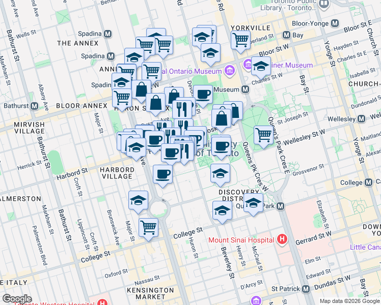 map of restaurants, bars, coffee shops, grocery stores, and more near 106 Saint George Street in Toronto