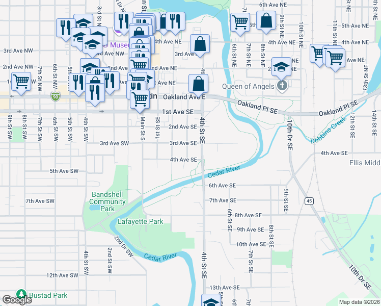 map of restaurants, bars, coffee shops, grocery stores, and more near 310 3rd Avenue Southwest in Austin