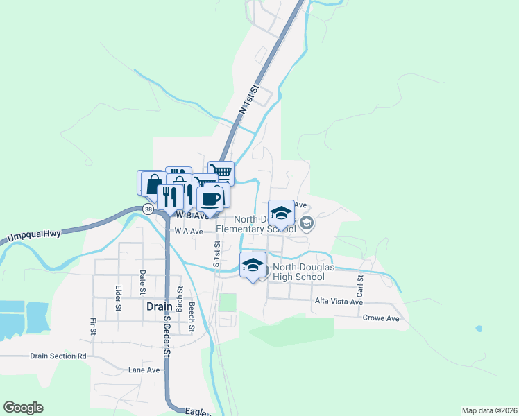 map of restaurants, bars, coffee shops, grocery stores, and more near 301 North Main Street in Drain