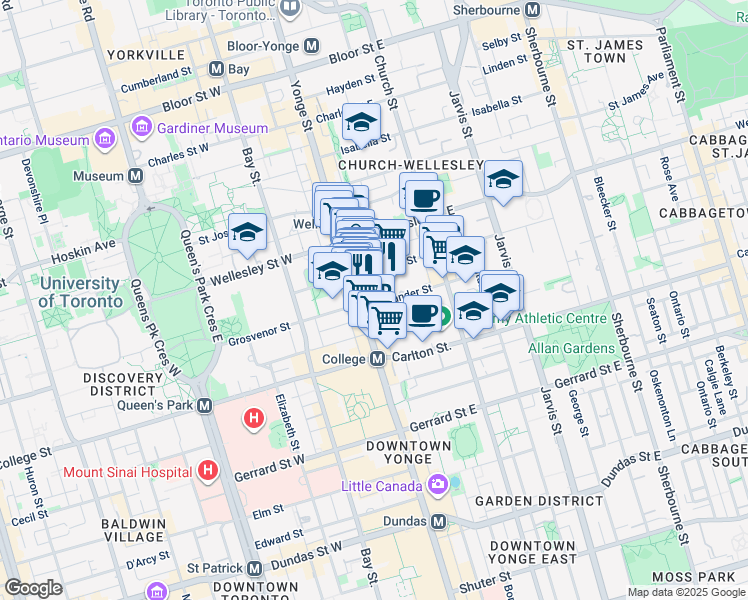 map of restaurants, bars, coffee shops, grocery stores, and more near 8 Alexander Street in Toronto