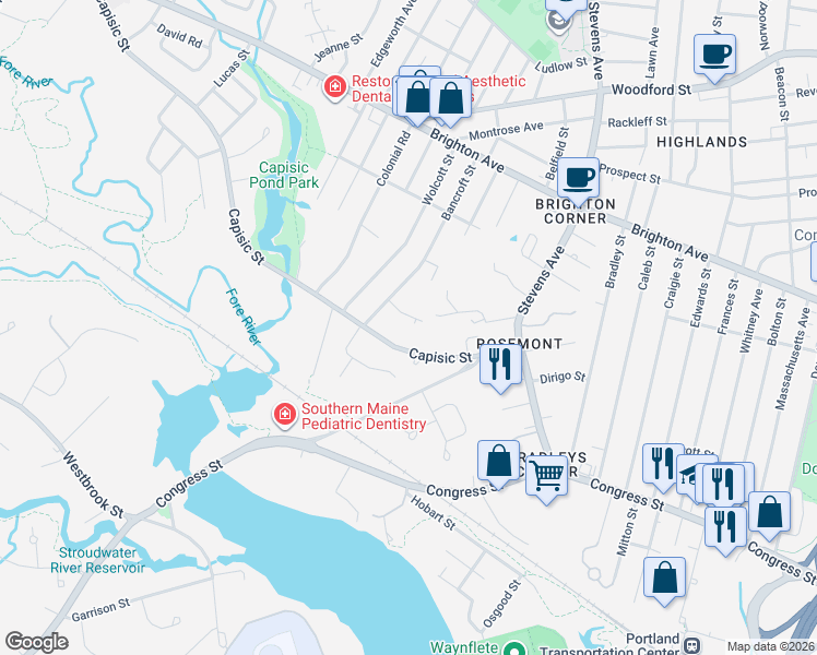 map of restaurants, bars, coffee shops, grocery stores, and more near 38 Redlon Park Road in Portland