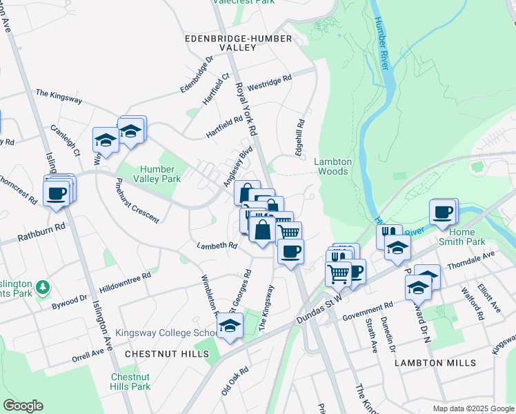 map of restaurants, bars, coffee shops, grocery stores, and more near 289 The Kingsway in Toronto
