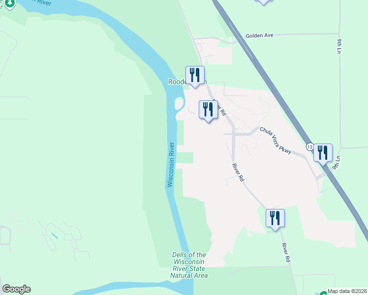 map of restaurants, bars, coffee shops, grocery stores, and more near 4039 River Road in Wisconsin Dells