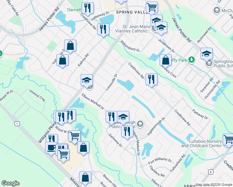 map of restaurants, bars, coffee shops, grocery stores, and more near 75 Bear Run Road in Brampton