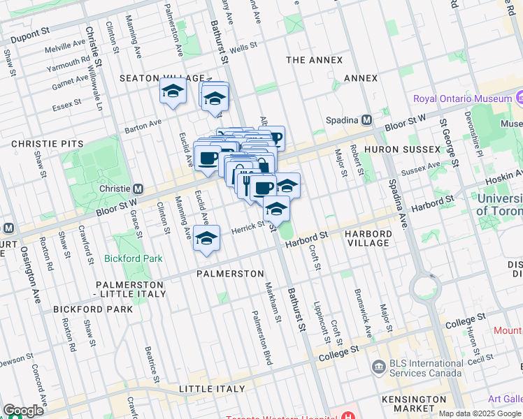 map of restaurants, bars, coffee shops, grocery stores, and more near in Toronto