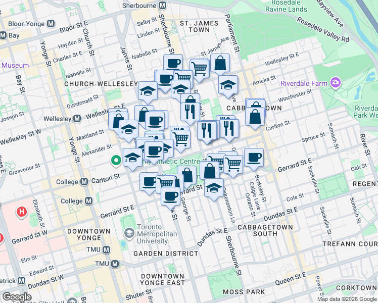 map of restaurants, bars, coffee shops, grocery stores, and more near 1 Homewood Avenue in Toronto