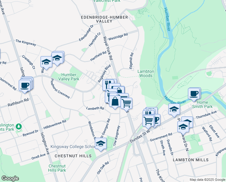 map of restaurants, bars, coffee shops, grocery stores, and more near 291 The Kingsway in Toronto