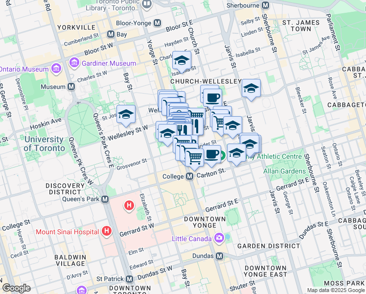 map of restaurants, bars, coffee shops, grocery stores, and more near 501 Yonge Street in Toronto