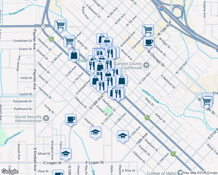 map of restaurants, bars, coffee shops, grocery stores, and more near in Caldwell