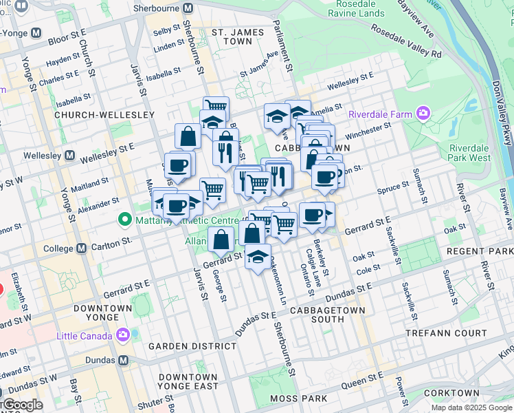 map of restaurants, bars, coffee shops, grocery stores, and more near in Toronto