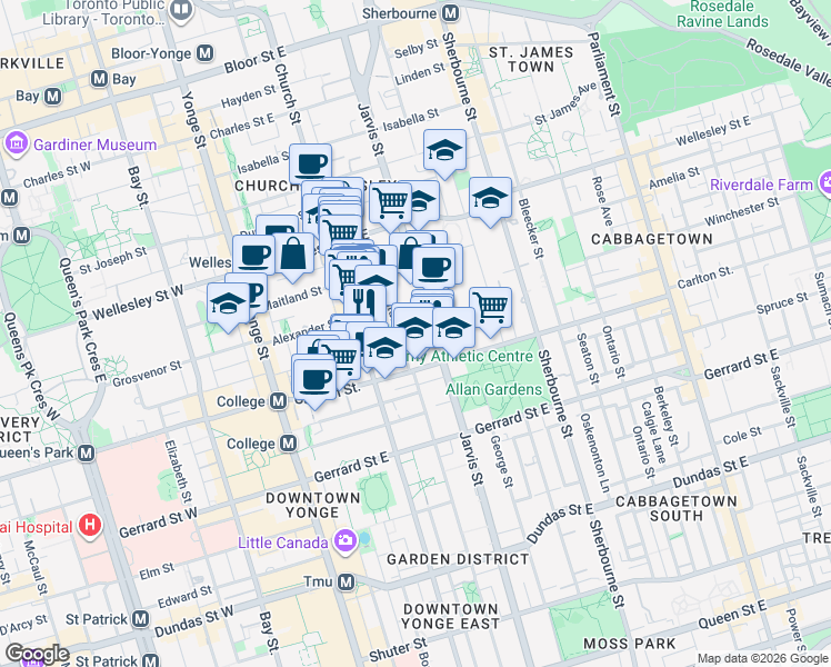 map of restaurants, bars, coffee shops, grocery stores, and more near 281 Mutual Street in Toronto