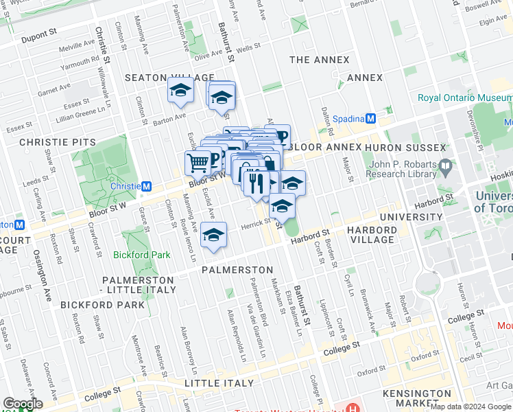 map of restaurants, bars, coffee shops, grocery stores, and more near in Toronto