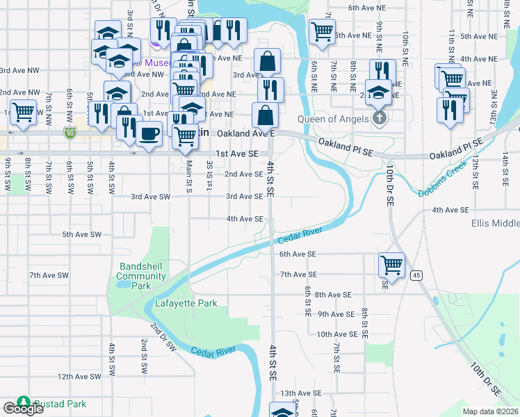 map of restaurants, bars, coffee shops, grocery stores, and more near 412 4th Street Southeast in Austin