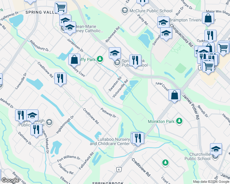 map of restaurants, bars, coffee shops, grocery stores, and more near Victoriaville Road in Brampton