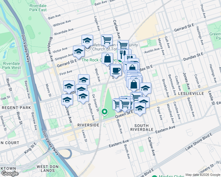 map of restaurants, bars, coffee shops, grocery stores, and more near 305 Booth Avenue in Toronto