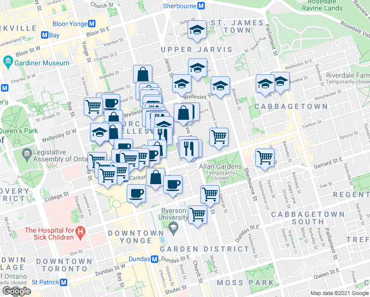 map of restaurants, bars, coffee shops, grocery stores, and more near 281 Mutual Street in Toronto
