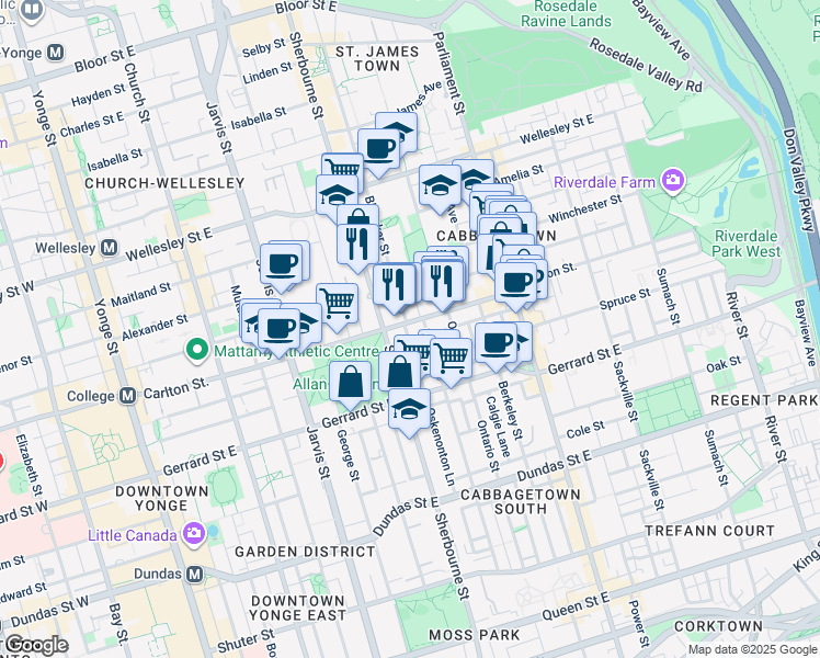 map of restaurants, bars, coffee shops, grocery stores, and more near 167 Carlton Street in Toronto